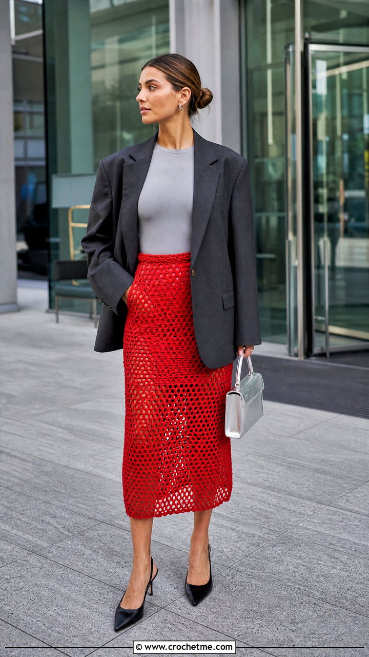 Mesh Crochet Midi Skirt With Oversized Blazer - 35 crochet skirts outfit ideas