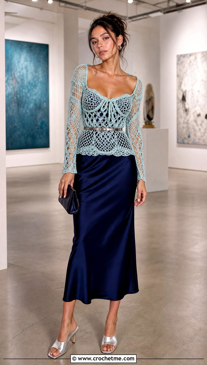 Mesh Crochet Milkmaid Top Over A Slip Dress - 20 Crochet Milkmaid Top outfit ideas