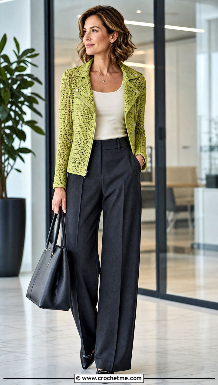 Mesh Crochet Moto Jacket With Tailored Trousers - 15 Crochet Moto Jacket outfit ideas