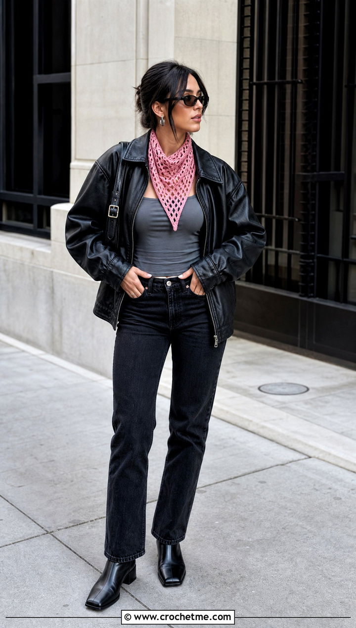 Mesh Crochet Neckerchief With Leather Jacket And Black Jeans - 35 crochet mini scarf outfit ideas