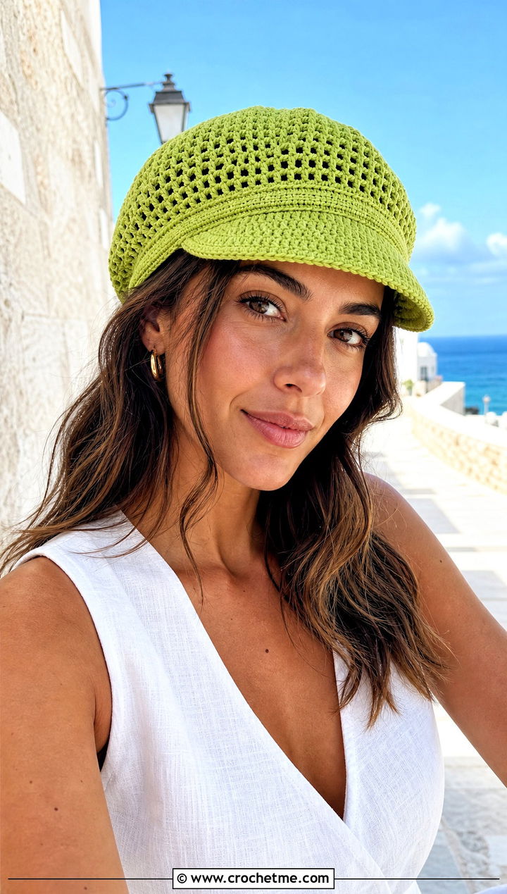 Mesh Crochet Newsboy Hat With Linen Set - 25 newsboy crochet hat outfit ideas