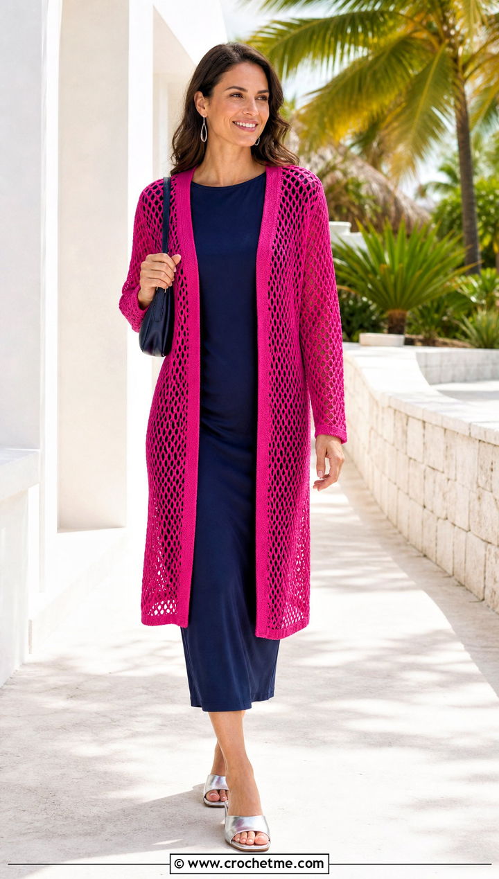 Mesh Crochet One Piece Cardigan With Column Dress - 30 crochet one piece cardigan outfit ideas