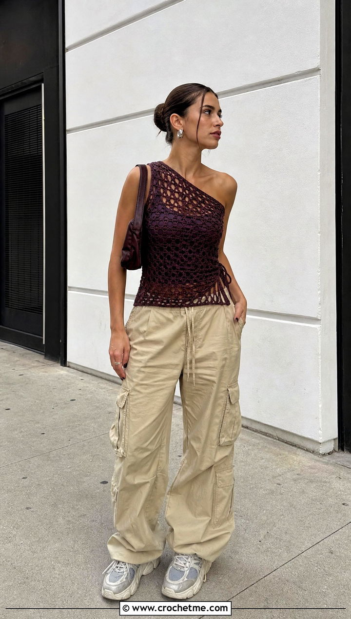 Mesh Crochet One Strap Top With Cargo Pants - 20 Crochet One Strap Top outfit ideas