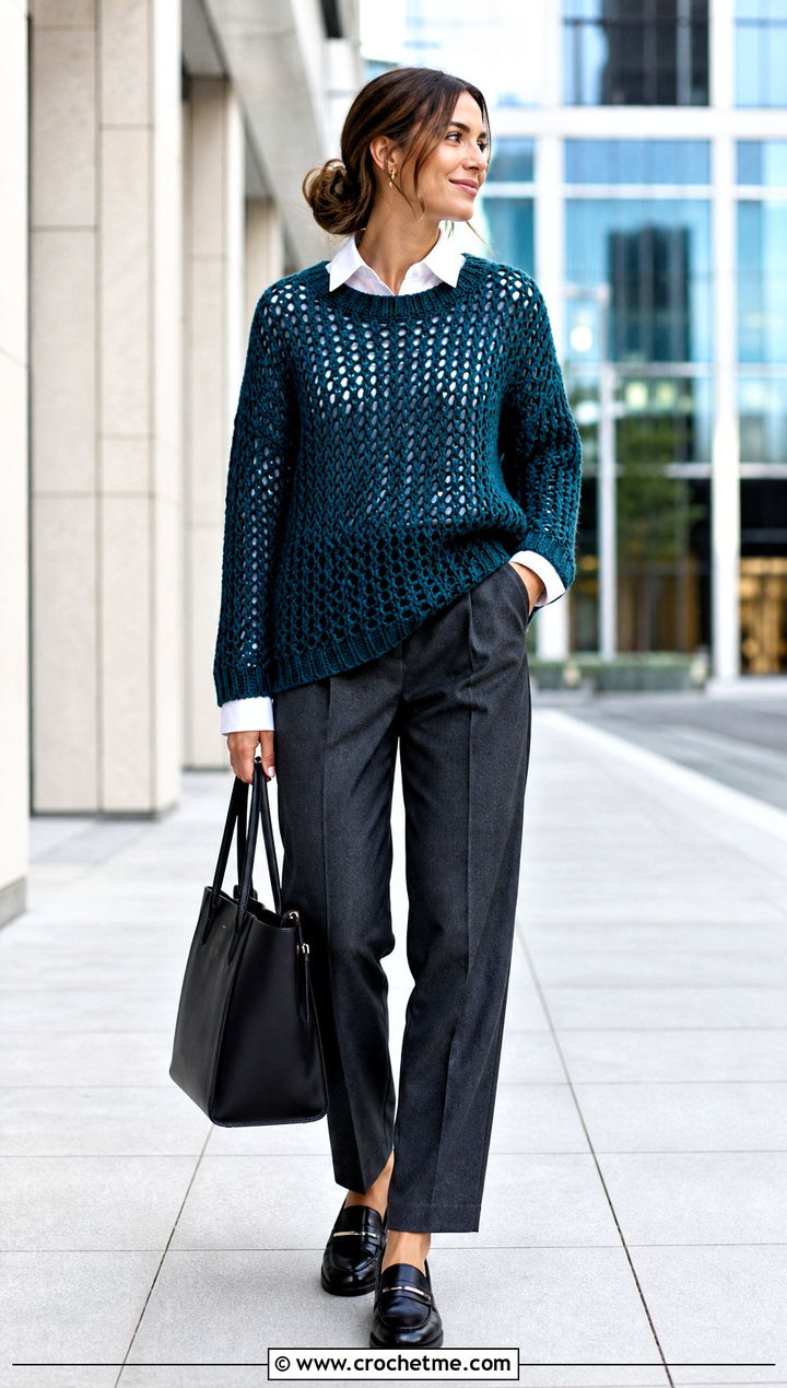 Mesh Crochet Oversize Sweater With White Shirt And Tailored Trousers - 20 Crochet Oversize Sweater outfit ideas