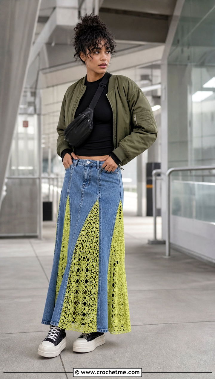 Mesh Crochet Panel Denim Skirt With Bomber Jacket - 30 denim crochet skirt outfit ideas