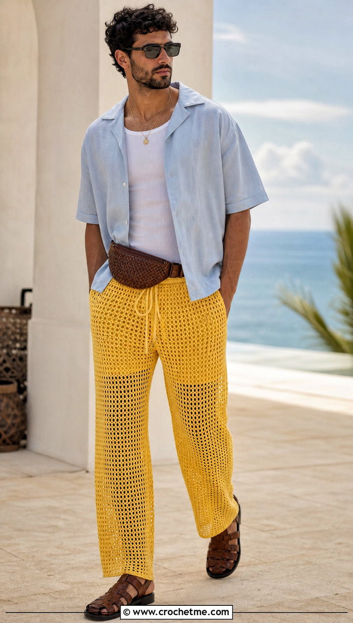 Mesh Crochet Pants With Camp Collar Shirt - 30 mens crochet pants outfit ideas