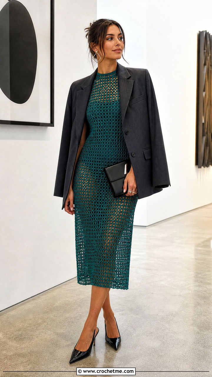 Mesh Crochet Party Dress With Oversized Blazer - 35 crochet party dress outfit ideas