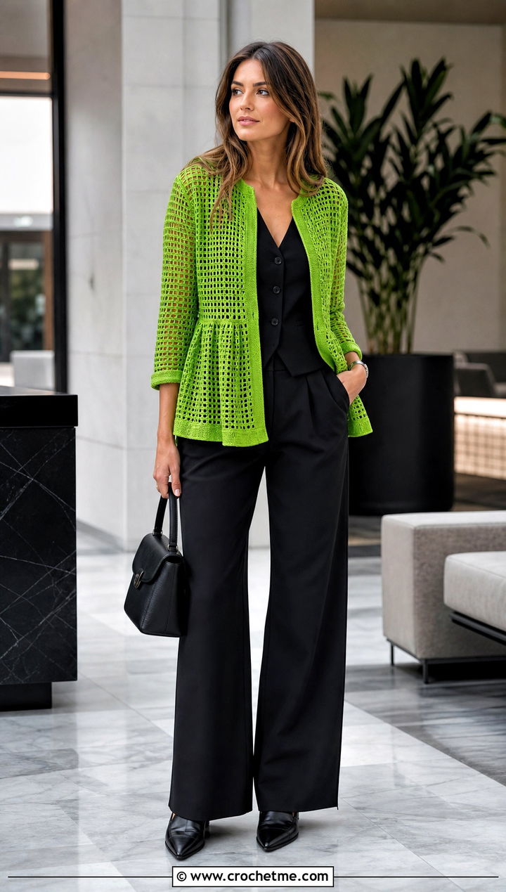 Mesh Crochet Peplum Cardigan With Matching Vest And Trousers - 25 Crochet Peplum Cardigan outfit ideas