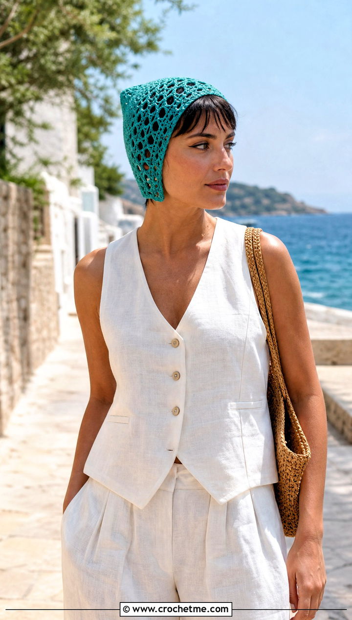 Mesh Crochet Pixie Hood With Linen Set - 30 crochet pixie hat outfit ideas