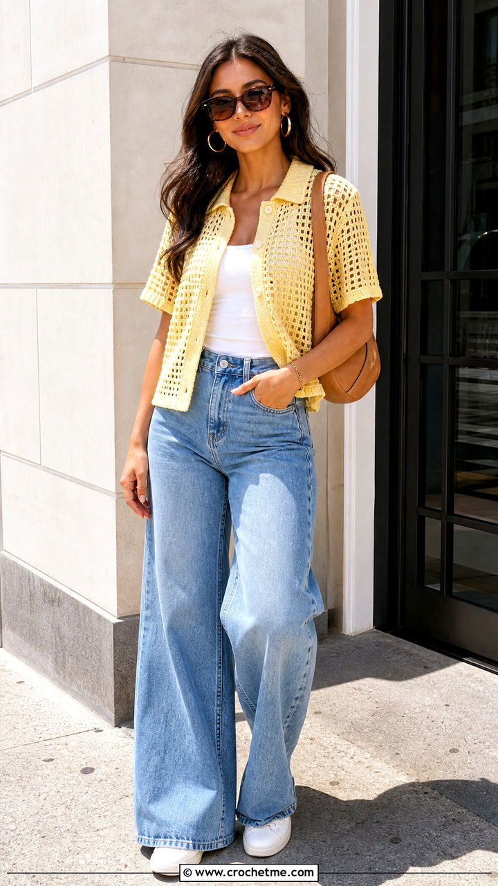 Mesh Crochet Polo Shirt With Wide Leg Jeans - 35 crochet polo shirt outfit ideas