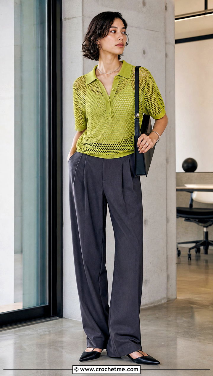Mesh Crochet Polo Top With Tailored Trousers - 25 trendy crochet clothes and outfit ideas
