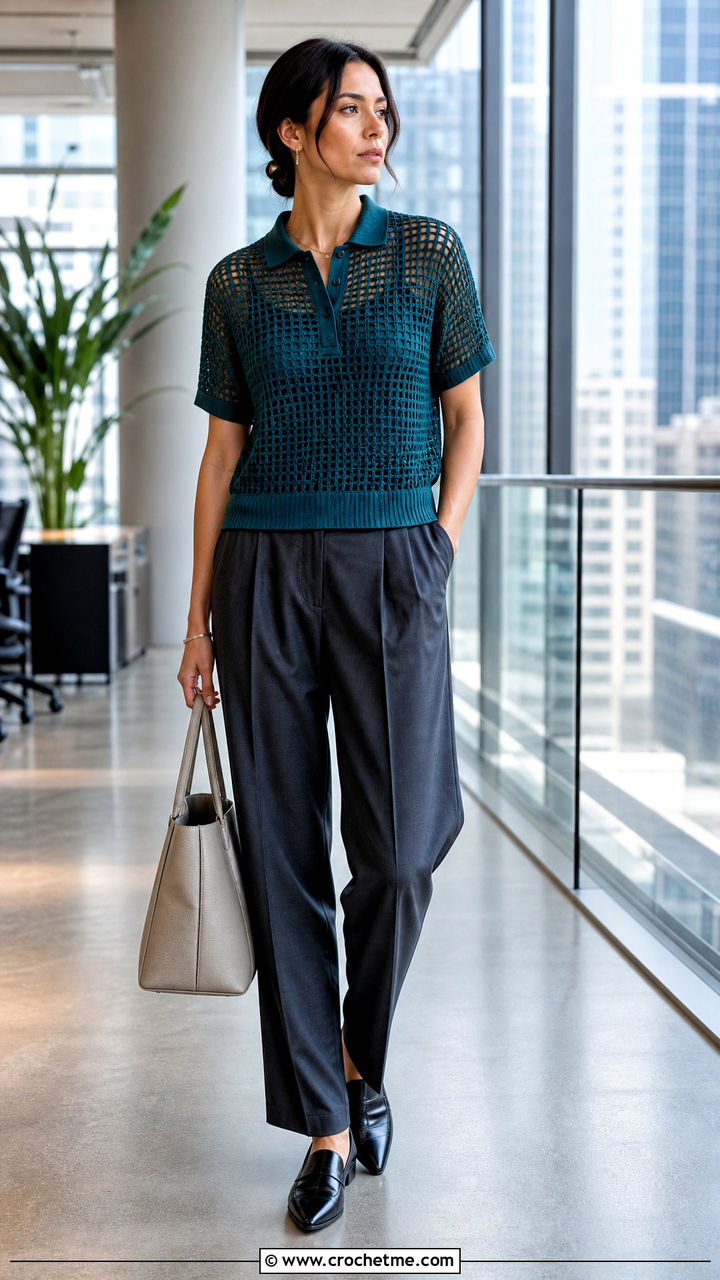 Mesh Crochet Polo With Tailored Trousers - 35 crochet garments outfit ideas