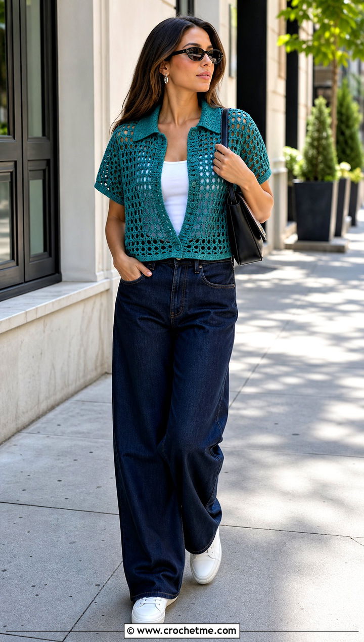 Mesh Crochet Polo With Wide Leg Jeans - 35 spring summer crochet clothes ideas