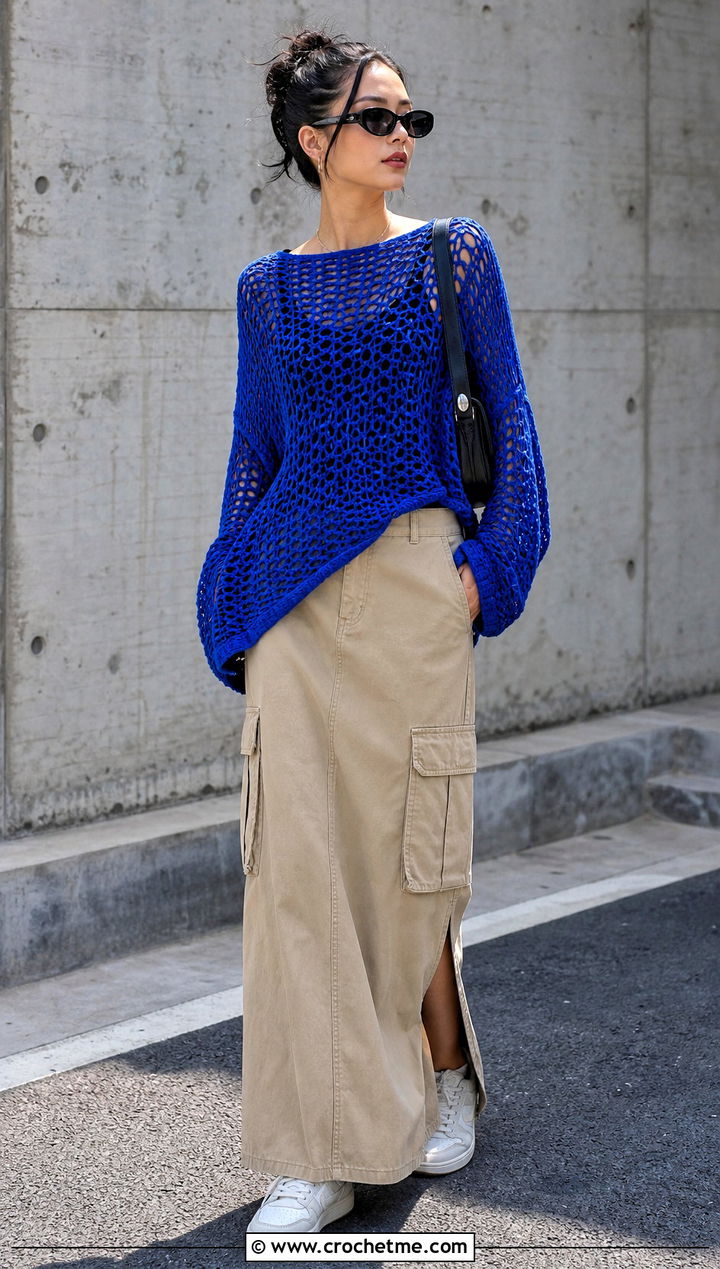 Mesh Crochet Poncho Sweater With Cargo Maxi Skirt - 35 crochet poncho sweater outfit ideas