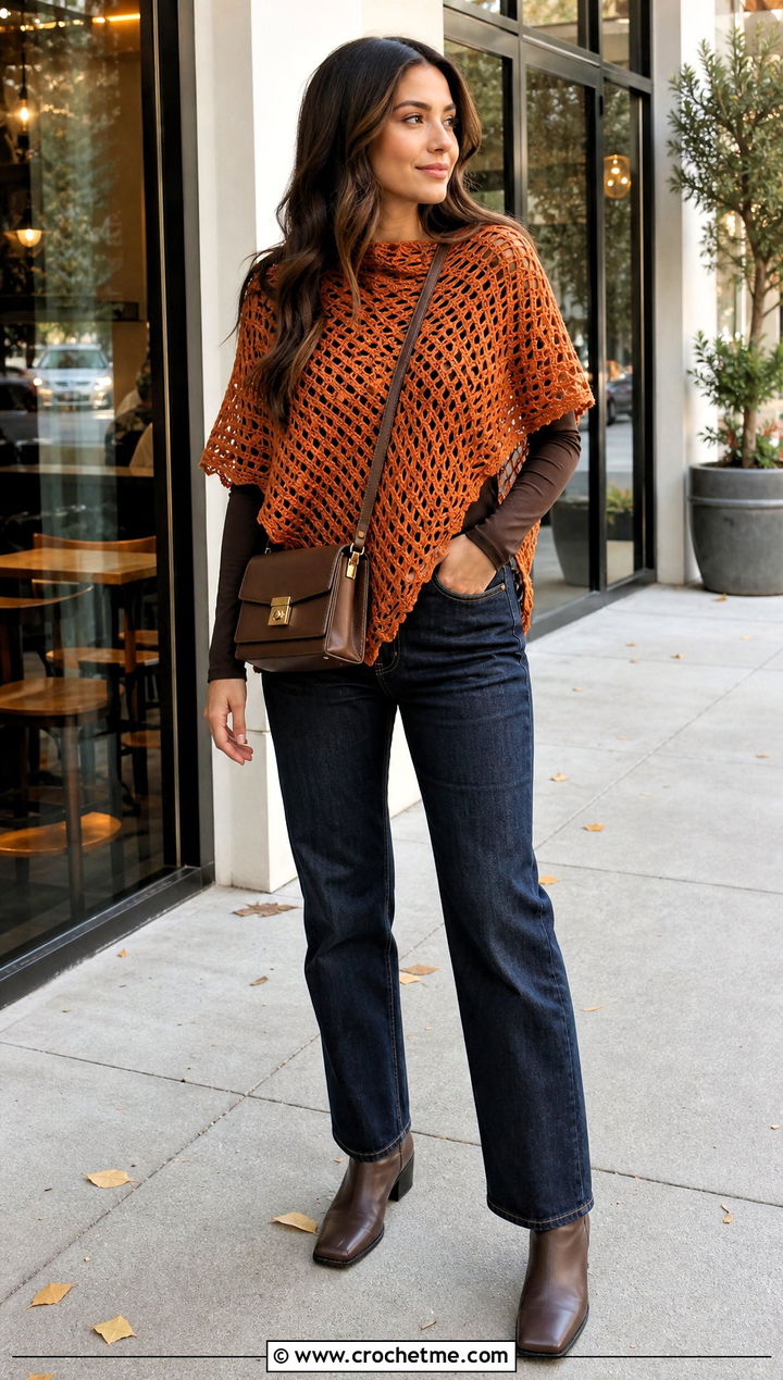 Mesh Crochet Poncho With Bodysuit And Jeans - 20 Crochet Fall Poncho outfit ideas