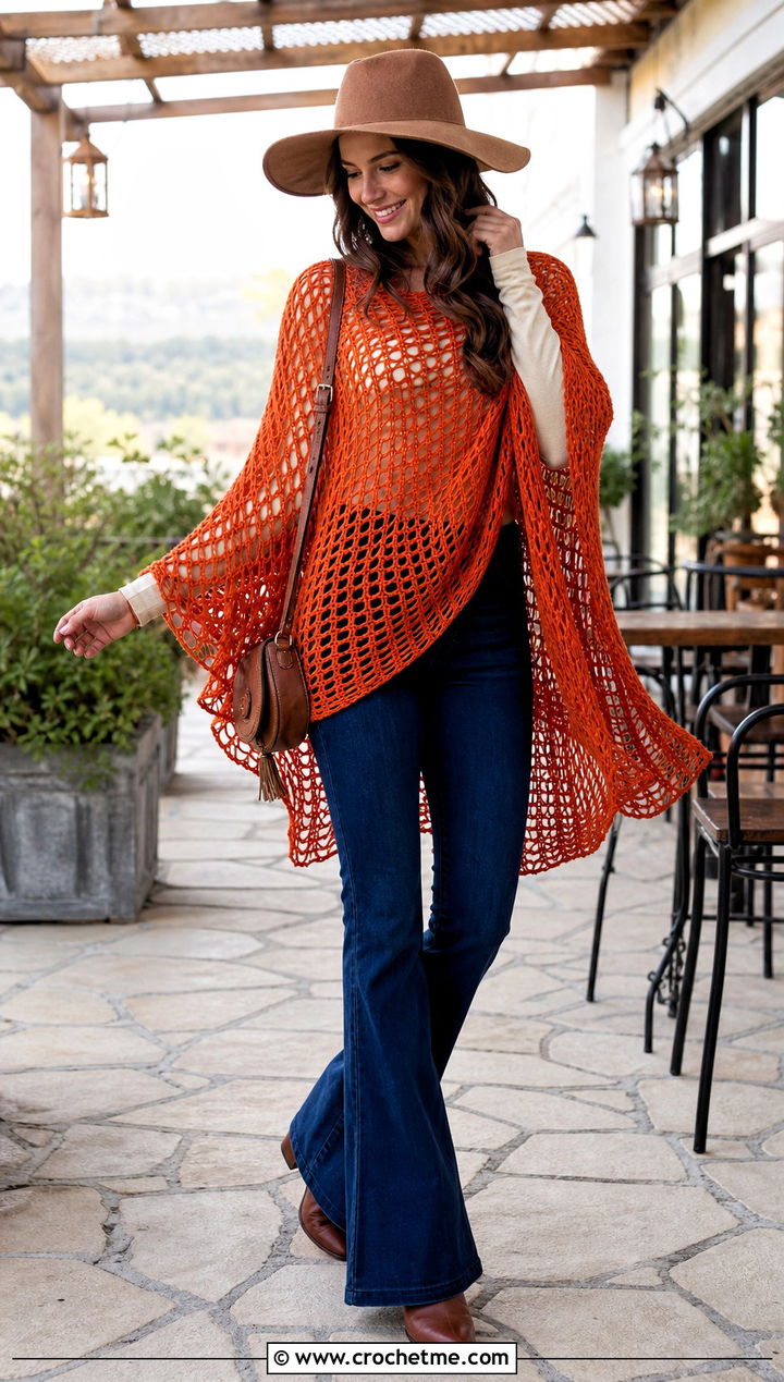 Mesh Crochet Poncho With Flared Jeans - 25 mesh crochet outfit ideas
