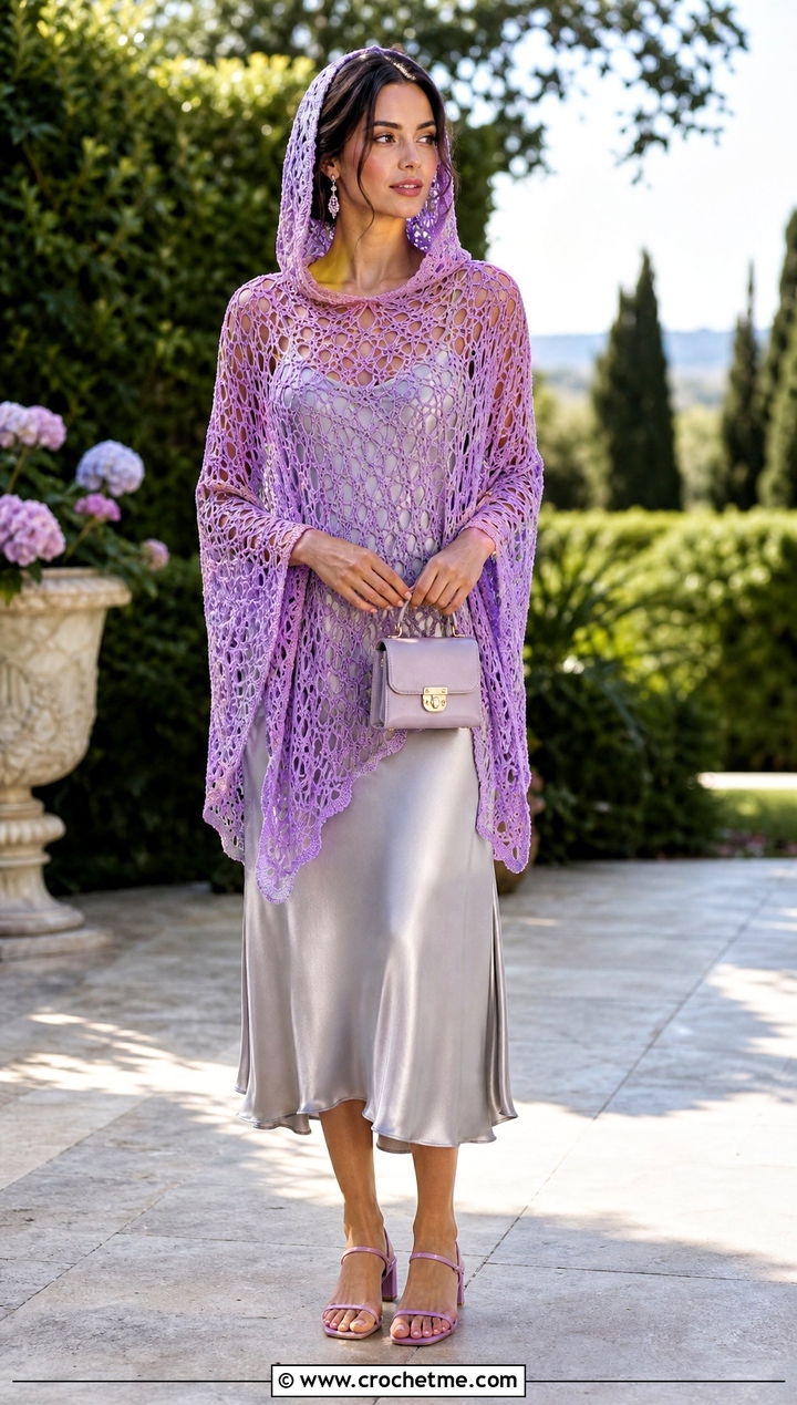 Mesh Crochet Poncho With Hood And Slip Dress - 35 crochet poncho with hood outfit ideas