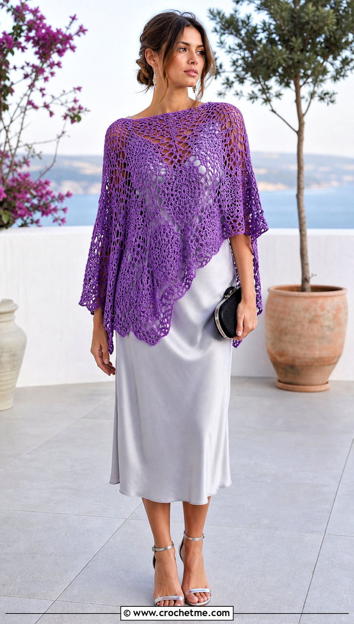 Mesh Crochet Poncho With Slip Dress - 25 Beginner Crochet Poncho outfit ideas