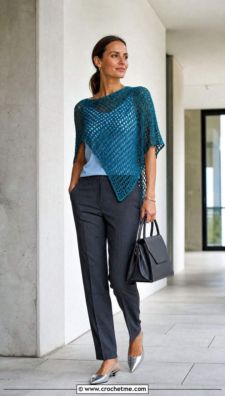 Mesh Crochet Poncho With Tailored Trousers - 15 Easy Crochet Ponchos outfit ideas