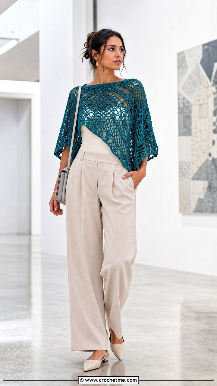 Mesh Crochet Poncho With Wide Leg Trousers - 35 easy crochet poncho outfit ideas