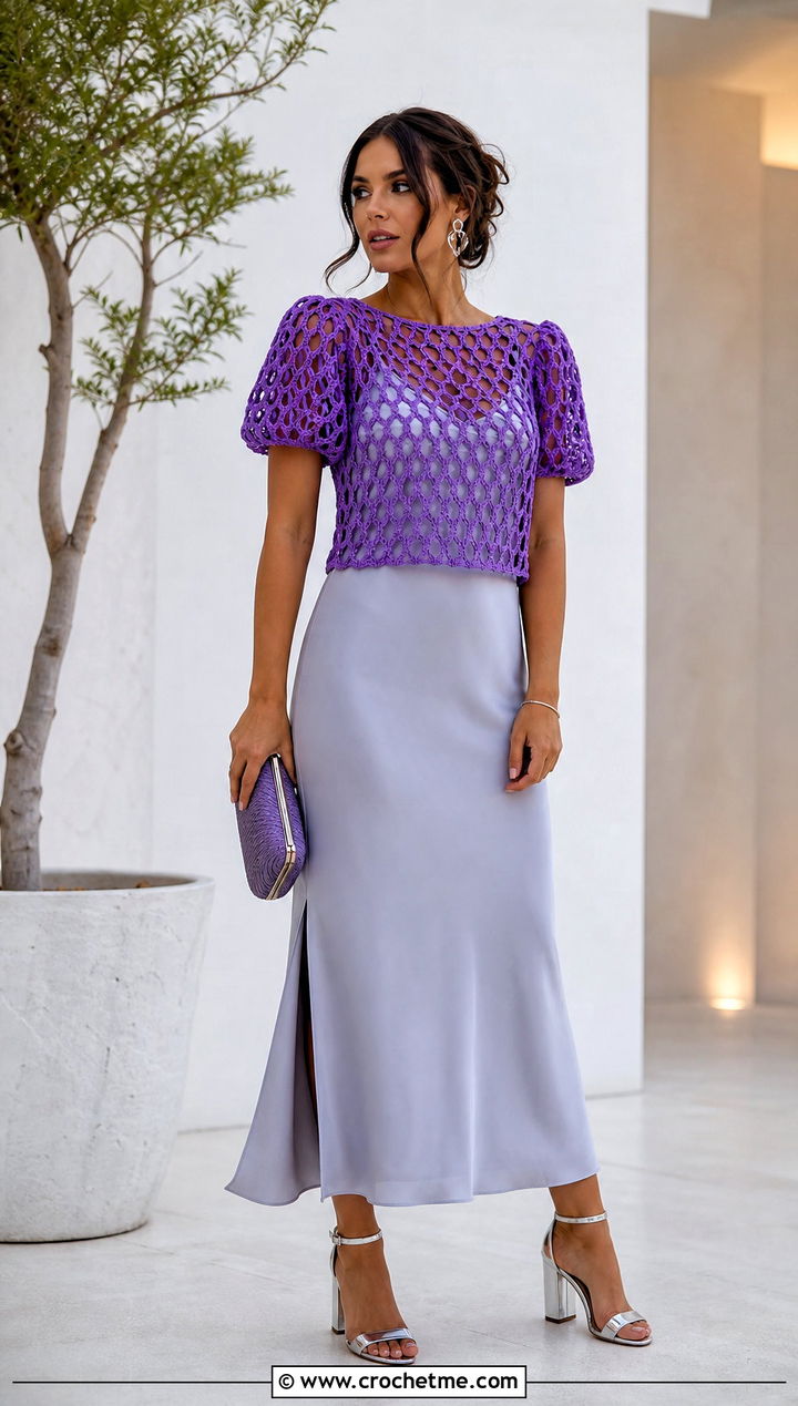 Mesh Crochet Puff Sleeve Top Over A Slip Dress - 35 crochet puff sleeve top outfit ideas