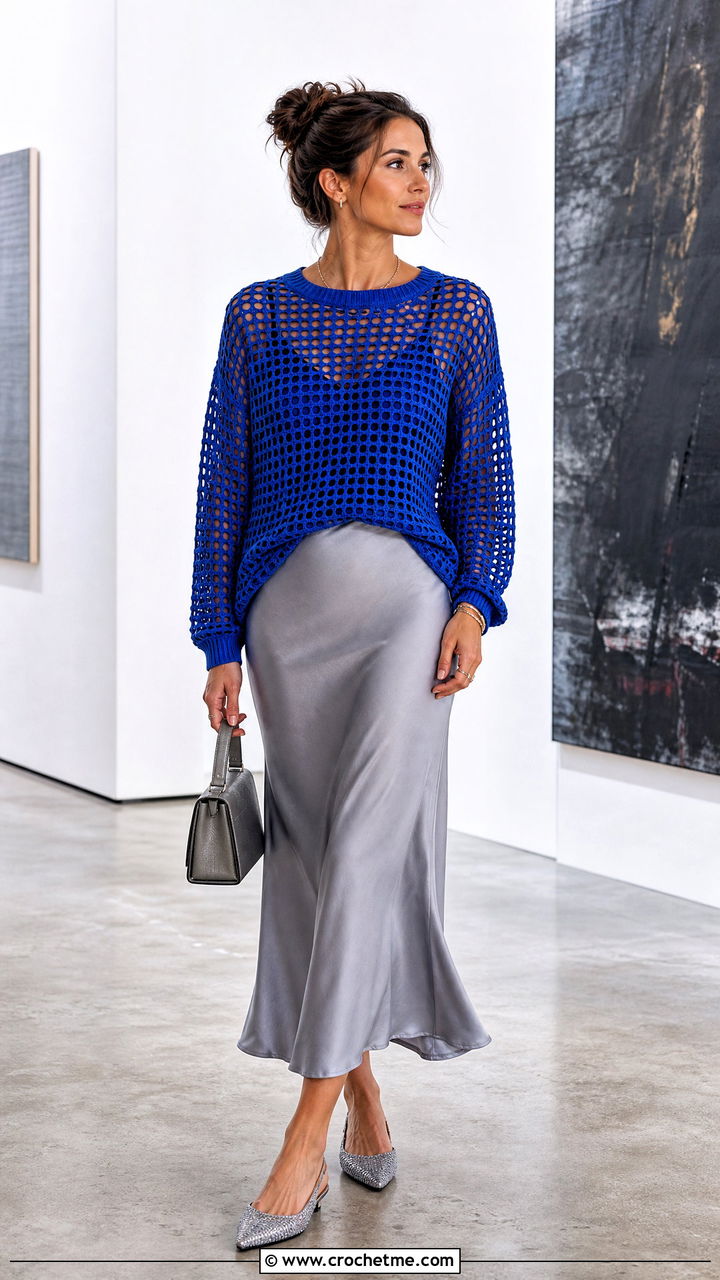 Mesh Crochet Pullover Sweater With Satin Slip Skirt - 35 crochet sweater design for women outfit ideas