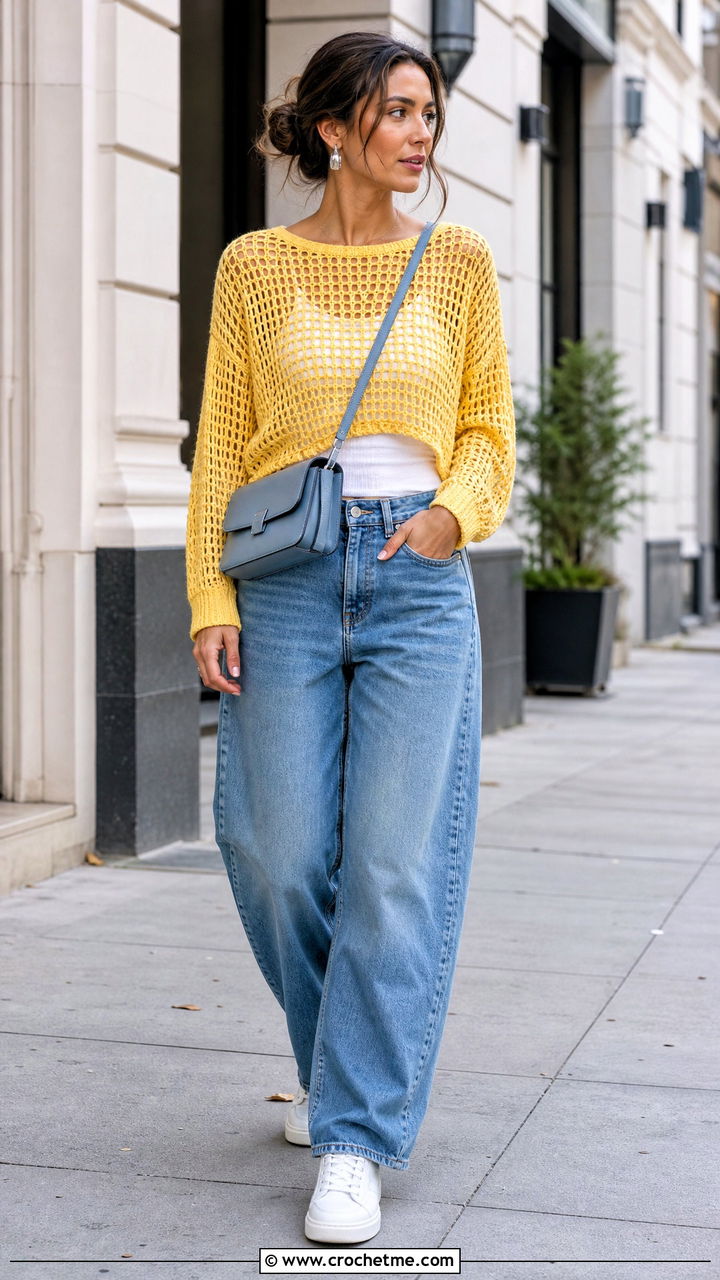 Mesh Crochet Pullover With Barrel Jeans - 35 crochet pullover outfit ideas