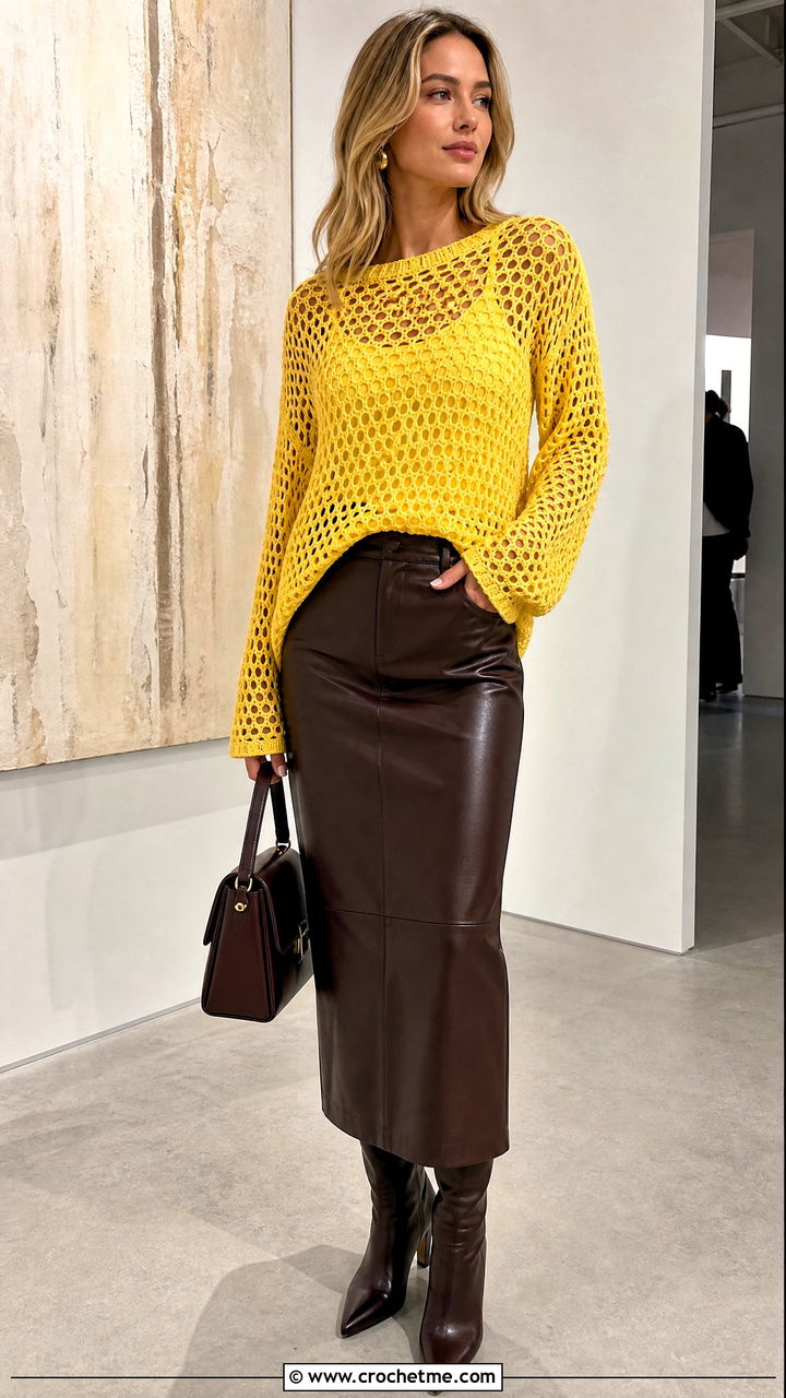 Mesh Crochet Pullover With Leather Midi Skirt - 35 fall crochet sweater outfit ideas