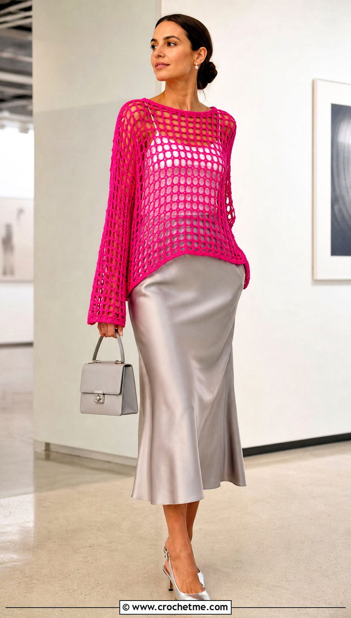 Mesh Crochet Pullover With Satin Midi Skirt - 35 diy crochet sweater outfit ideas