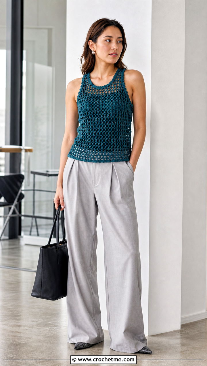 Mesh Crochet Racerback Tank Top With Wide Leg Trousers - 25 Crochet Racerback Tank Tops outfit ideas