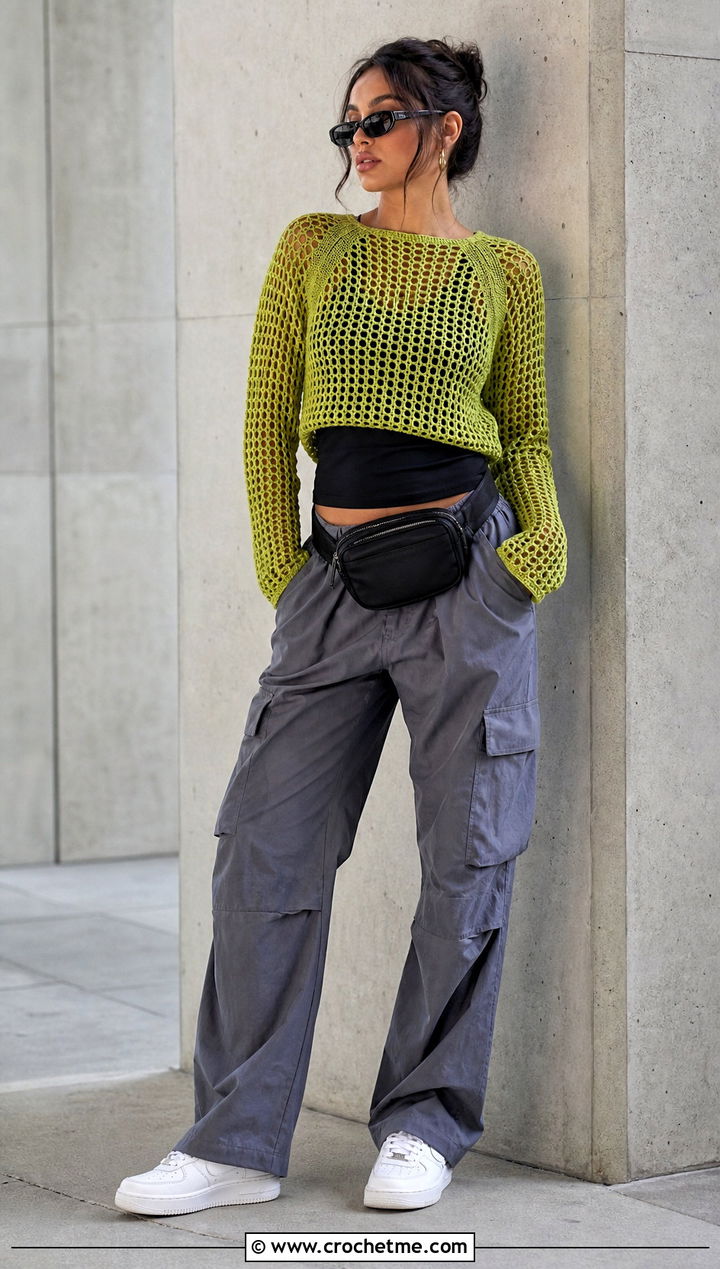 Mesh Crochet Raglan Sweater With Cargo Pants - 35 crochet raglan sweater outfit ideas