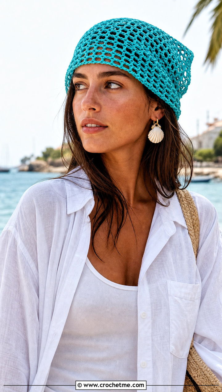 Mesh Crochet Rectangle Hat With Linen Shirt - 25 Crochet Rectangle Hat outfit ideas