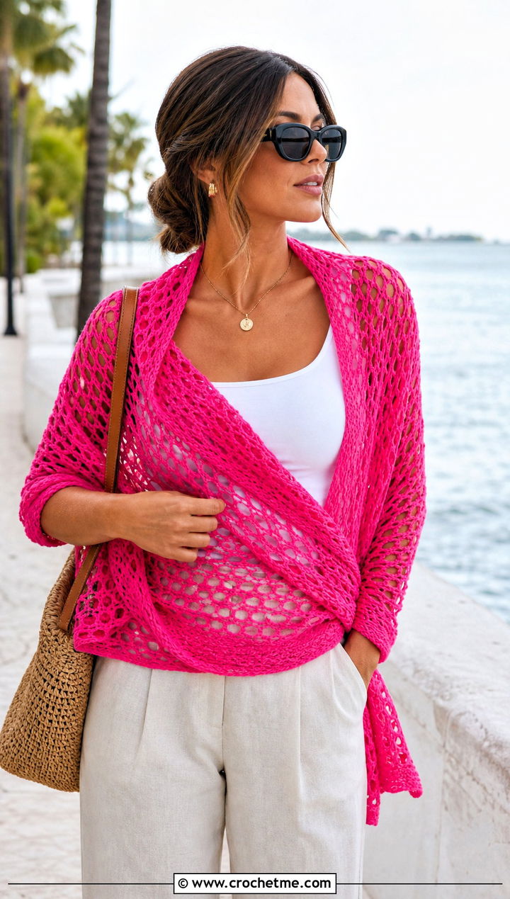Mesh Crochet Rectangular Shawl With Linen Pants - 30 crochet rectangular shawl outfit ideas