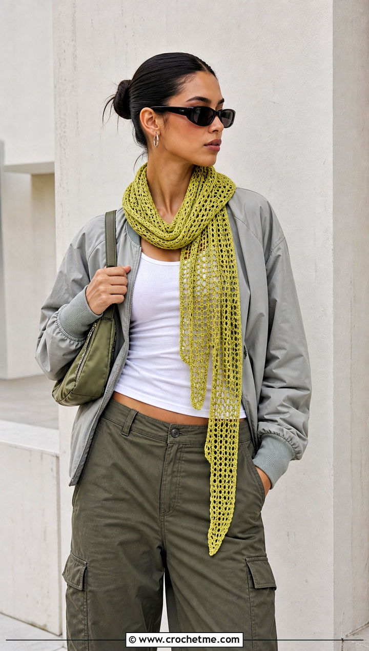 Mesh Crochet Ribbon Scarf With Tank Top And Cargo Pants - 15 Crochet Ribbon Scarf outfit ideas