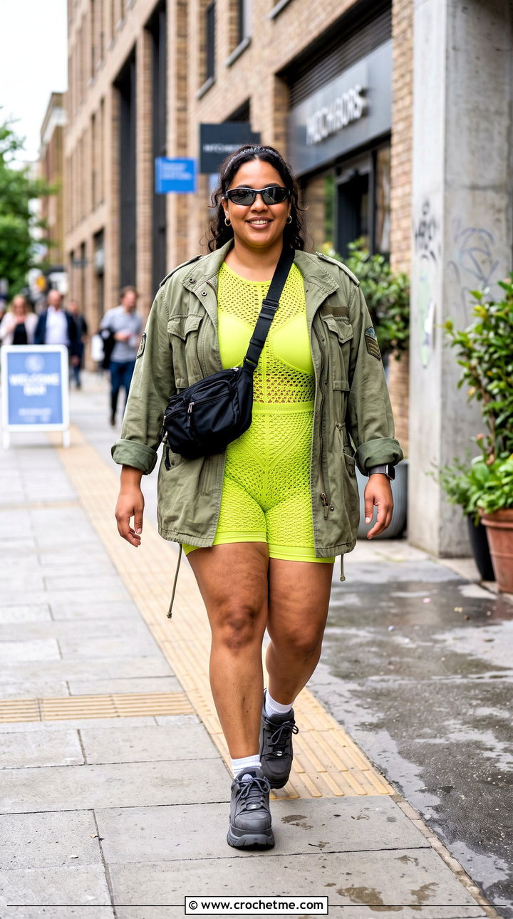 Mesh Crochet Romper With Cargo Jacket - 35 Crochet Romper Adult outfit ideas