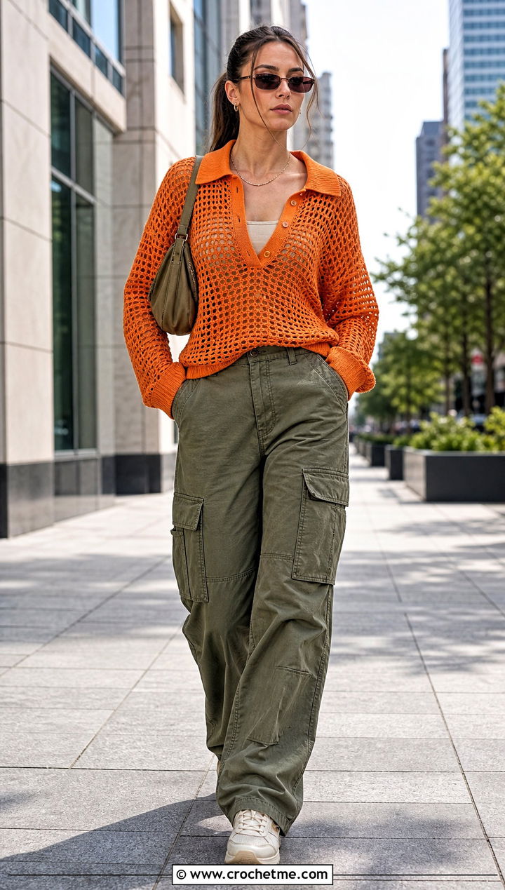 Mesh Crochet Rugby Shirt With Cargo Pants - 25 Crochet Rugby Shirt outfit ideas