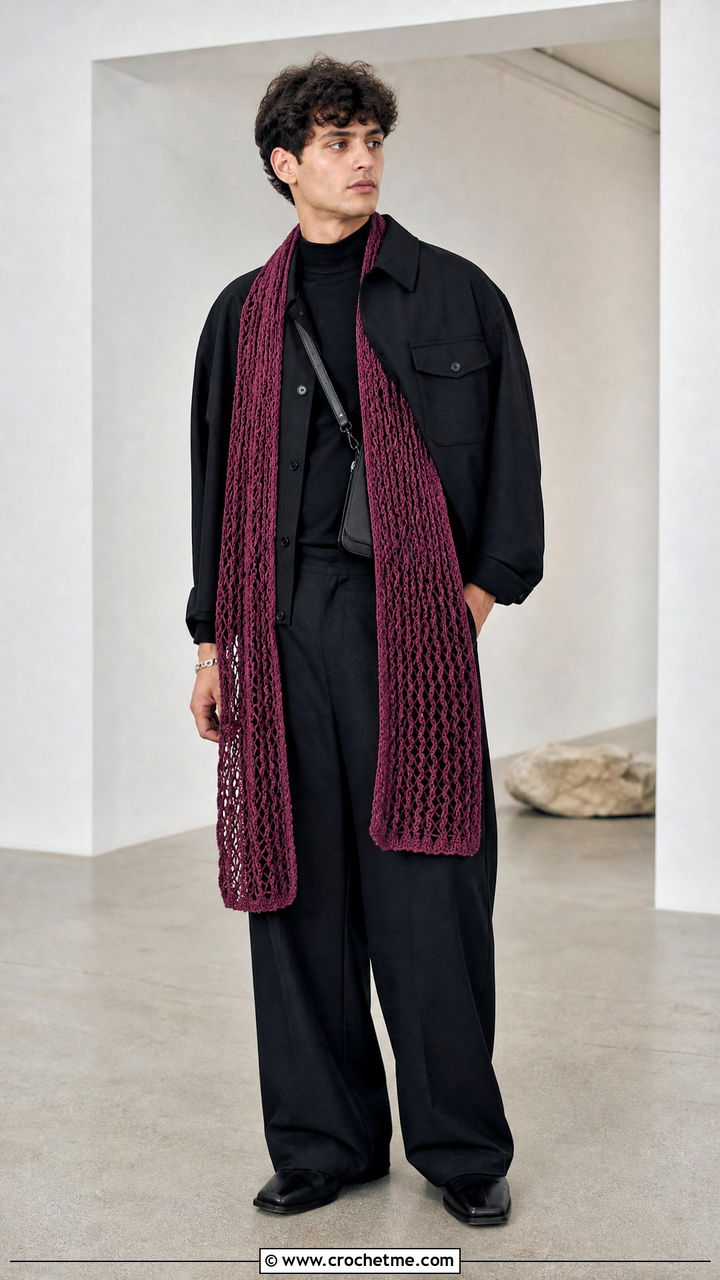 Mesh Crochet Scarf With Black Outfit - 35 men's crochet scarf outfit ideas