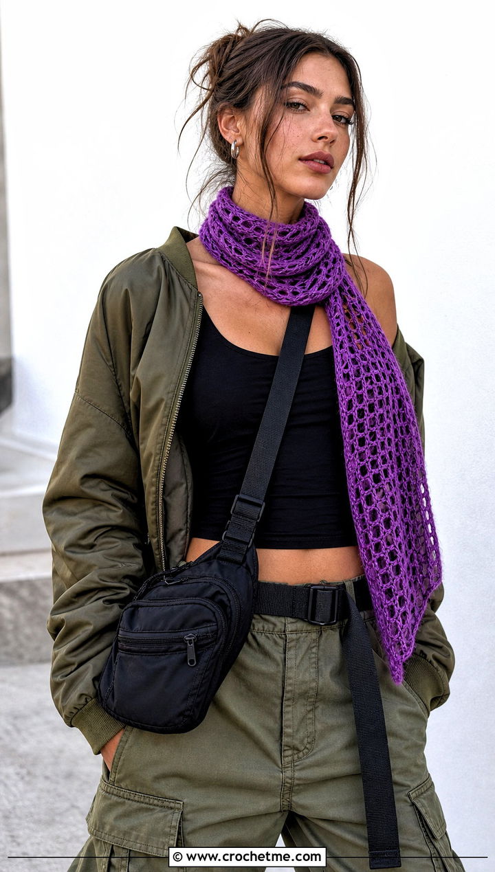 Mesh Crochet Scarf With Cargo Pants - 15 Light Weight Crochet Scarf outfit ideas