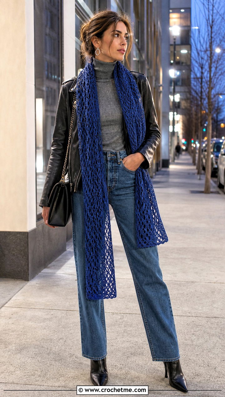 Mesh Crochet Scarf With Leather Moto Jacket - 35 Winter Crochet Scarfs For Women outfit ideas