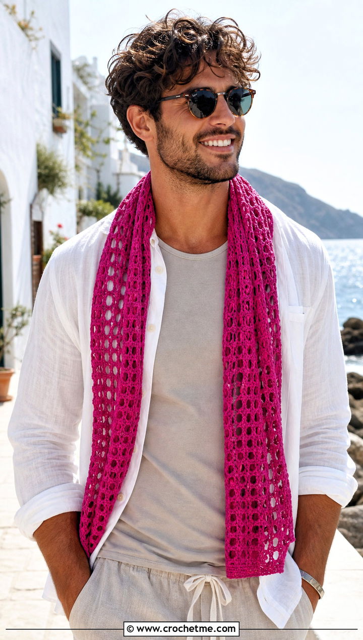Mesh Crochet Scarf With Linen Shirt - 30 Mens Crochet Scarf outfit ideas