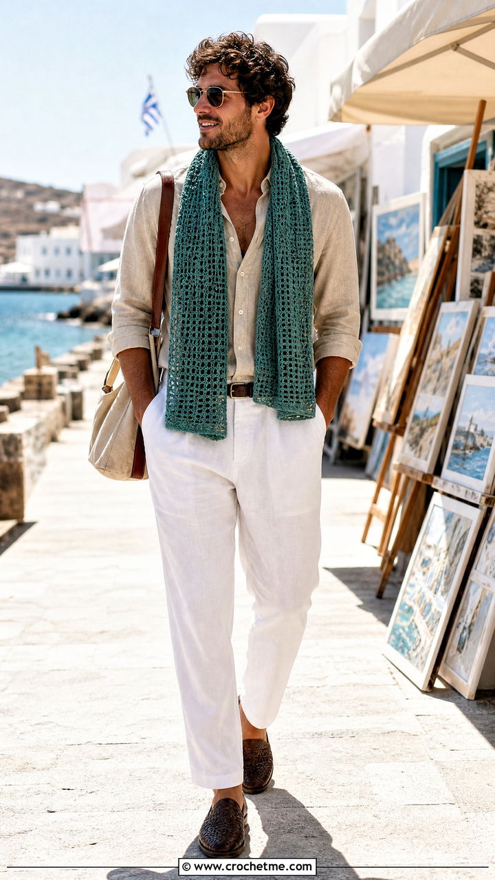 Mesh Crochet Scarf With Linen Shirt - 35 crochet scarf for men outfit ideas