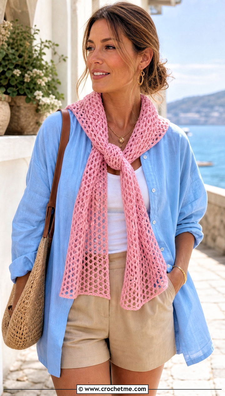 Mesh Crochet Scarf With Linen Shirt - 15 Crochet Unisex Scarf outfit ideas