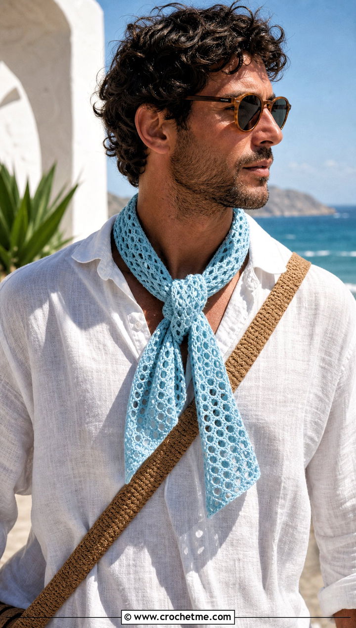 Mesh Crochet Scarf With Linen Shirt - 20 men's crocheted scarf outfit ideas