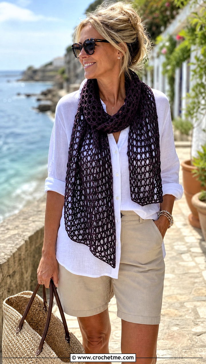 Mesh Crochet Scarf With Linen Shirt And Shorts - 15 Crochet Fancy Scarf outfit ideas