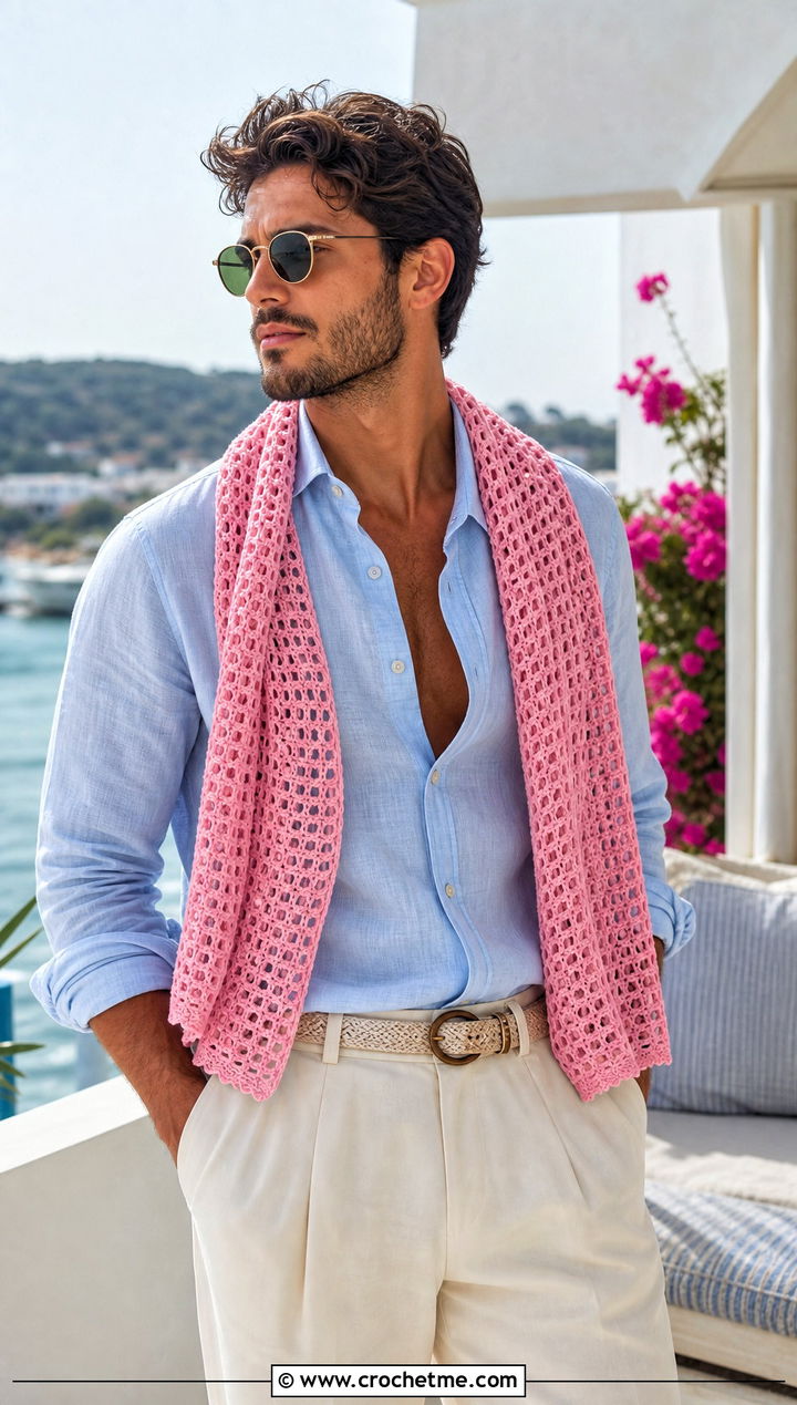 Mesh Crochet Scarf With Linen Shirt - 30 crochet scarf ideas for men