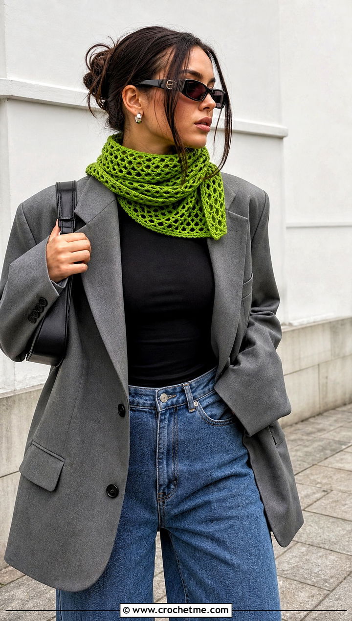 Mesh Crochet Scarf With Oversized Blazer - 15 Lacy Crochet Scarf outfit ideas