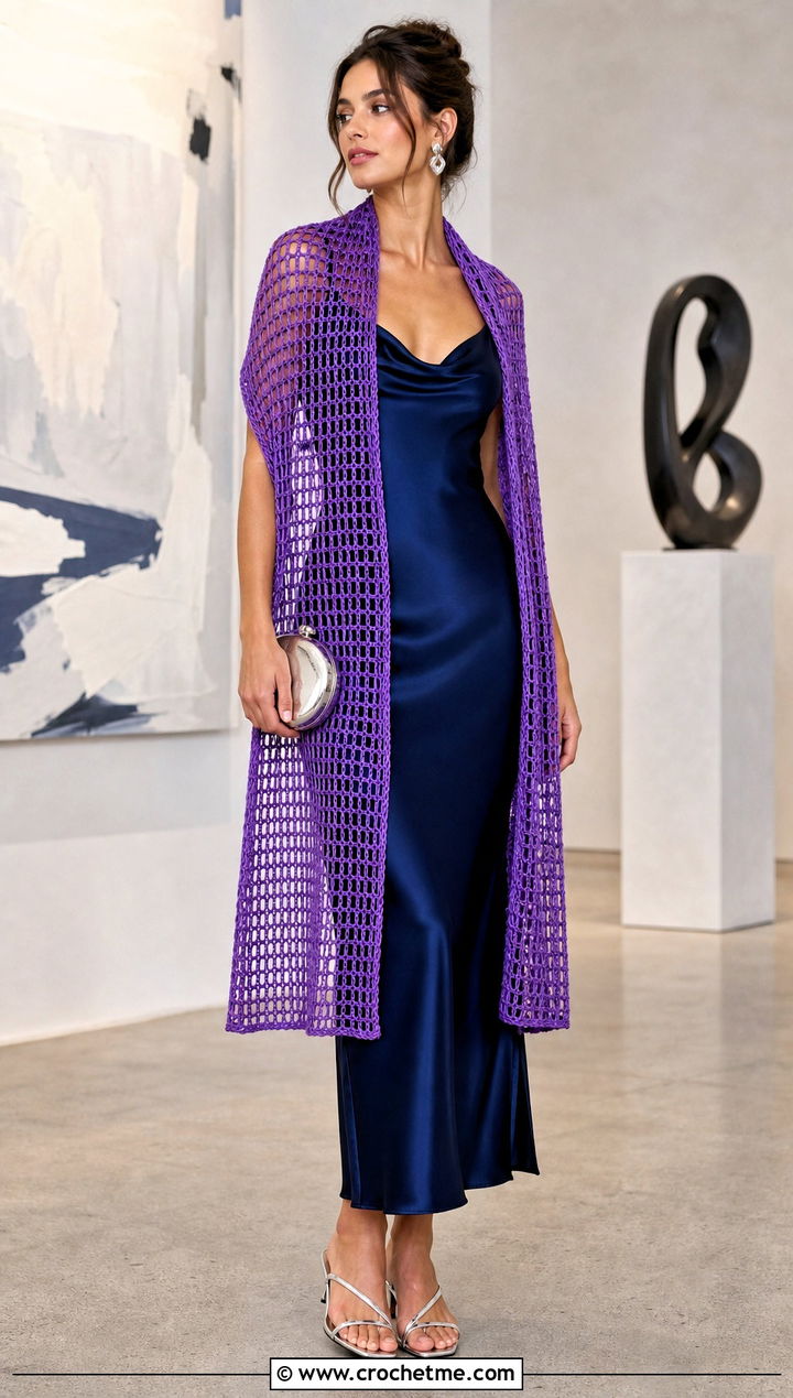 Mesh Crochet Scarf With Slip Dress - 35 crocheted scarf outfit ideas