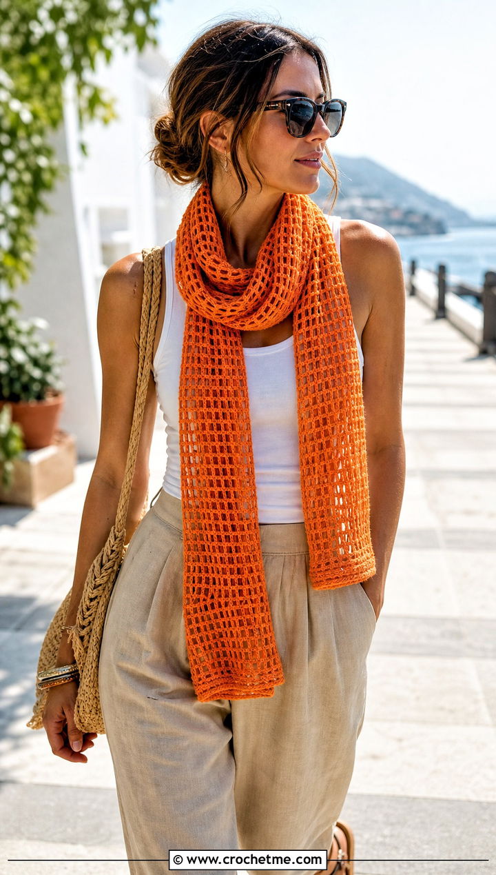 Mesh Crochet Scarf With Tank And Linen Pants - 20 Beginner Crochet Projects Scarf outfit ideas