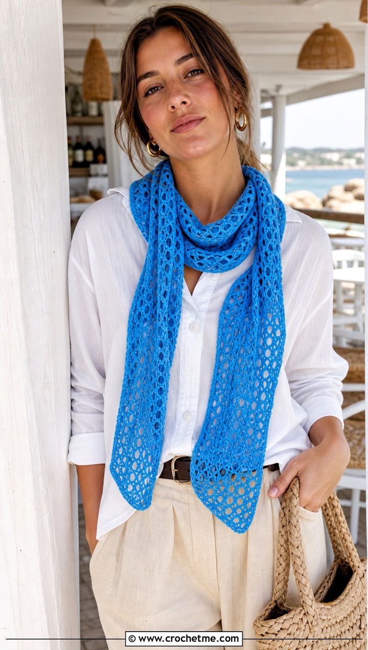 Mesh Crochet Scarf With White Shirt And Trousers - 15 Textured Crochet Scarf Design outfit ideas