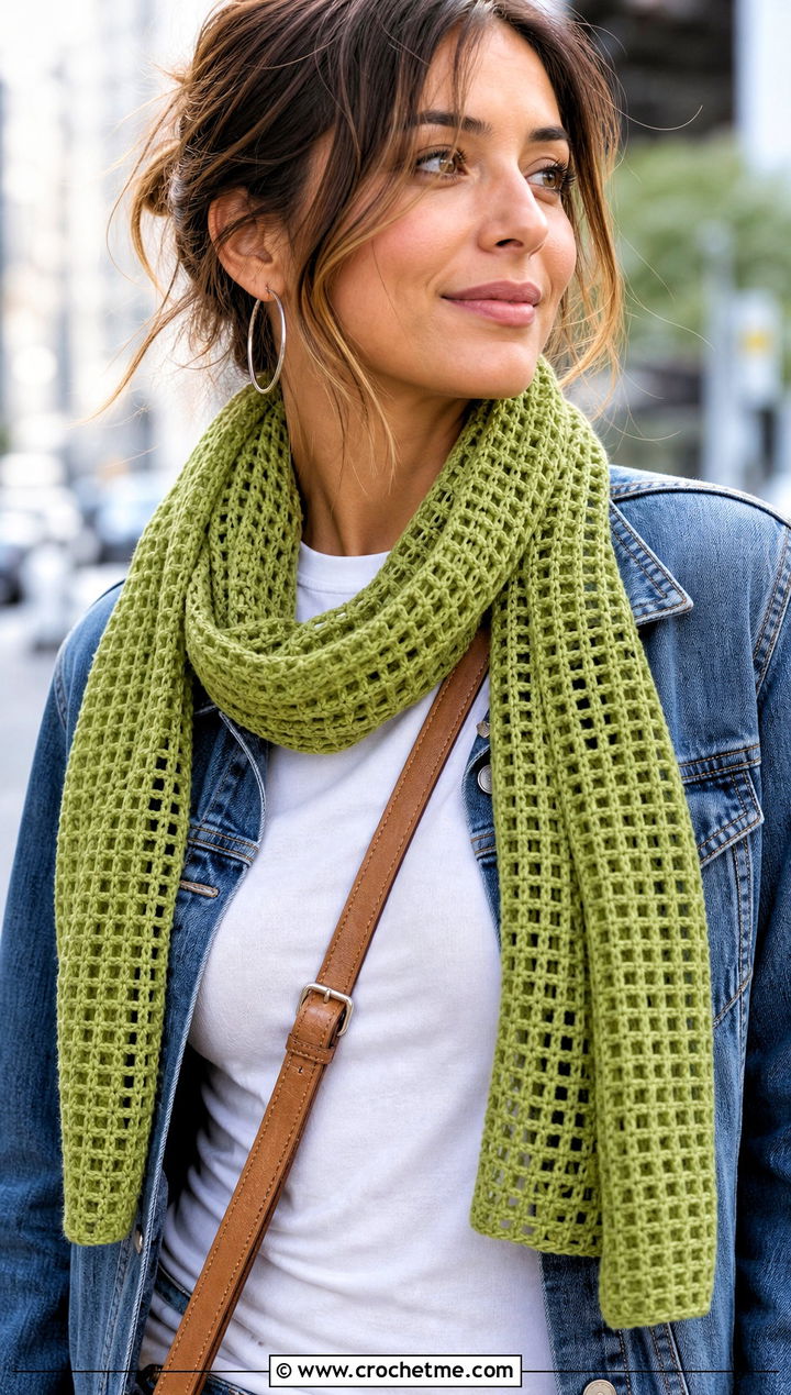 Mesh Crochet Scarf With White Tee And Jeans - 15 Lacy Green Crochet Scarf outfit ideas